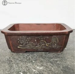 Unglazed Rectangle Ceramic Bonsai Pot With Chinese Decoration (14.5cm)
